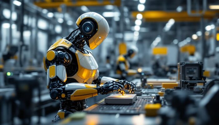 A photograph of a sleek industrial robot in action within a modern manufacturing environment