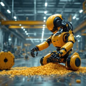 A photograph of a dynamic scene showcasing the atlas robot in action within an industrial setting