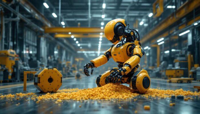 A photograph of a dynamic scene showcasing the atlas robot in action within an industrial setting