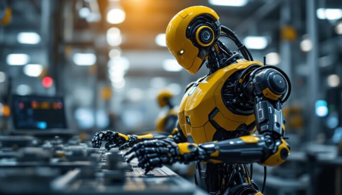 A photograph of a sleek industrial robot in action