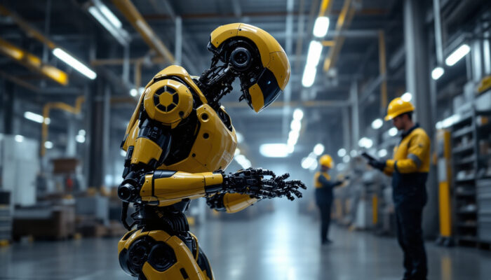 A photograph of a boston dynamics robot in action within an industrial setting