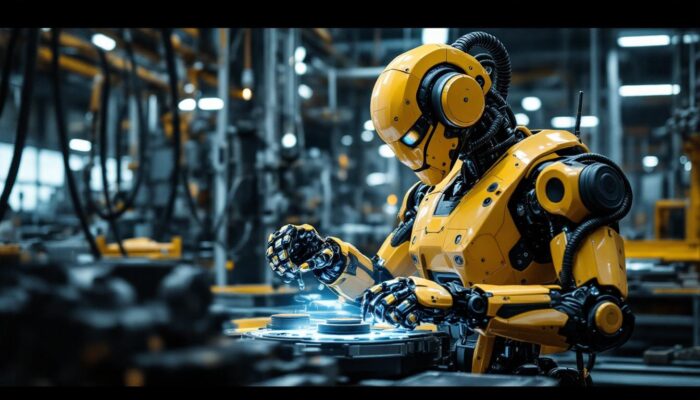 A photograph of a dynamic industrial robot in action within a manufacturing environment