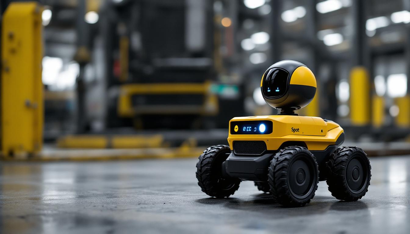 A photograph of capture a photograph of the spot mini in action within an industrial setting