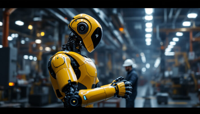 A photograph of a tesla optimus robot in a dynamic industrial setting