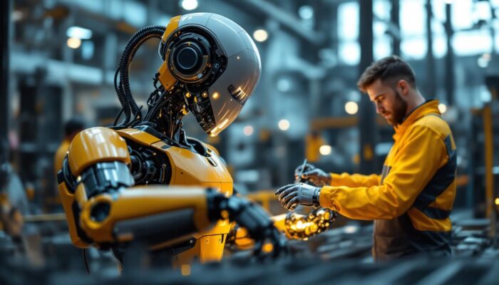 A photograph of a sleek industrial robot in action within a boston manufacturing facility