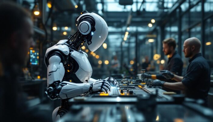 A photograph of a sleek industrial robot in action within a modern manufacturing facility
