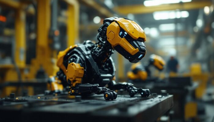 A photograph of capture a photograph of a boston dynamics robot dog in an industrial setting