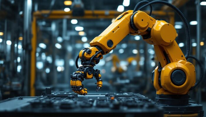 A photograph of a sleek industrial robotic arm in action