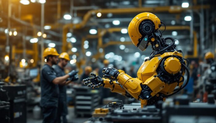 A photograph of a dynamic industrial robot in action within a bustling boston manufacturing facility