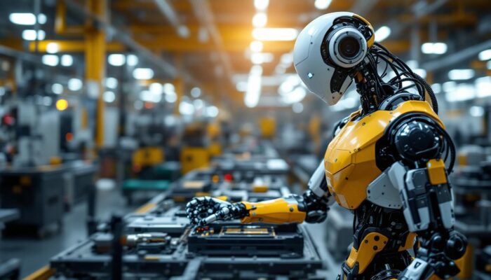 A photograph of a sleek industrial robot in action on a factory floor