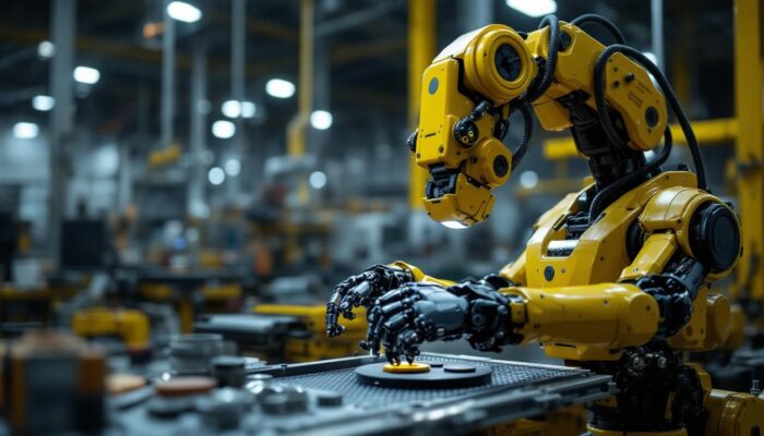 A photograph of a dynamic industrial robot in action