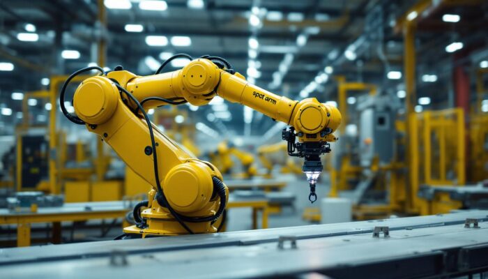A photograph of a spot arm robotic system in action within an industrial setting