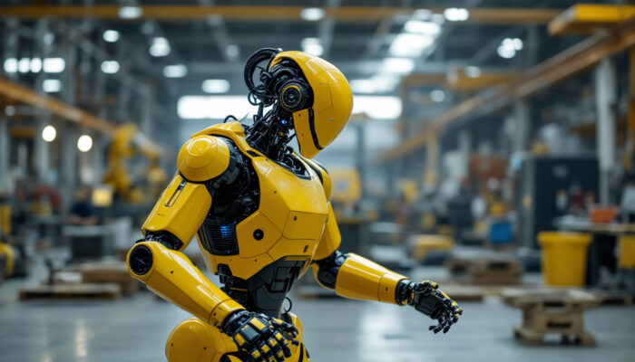 A photograph of a boston dynamics robot in action within an industrial setting