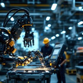 A photograph of a sleek industrial robot in action within a boston manufacturing facility