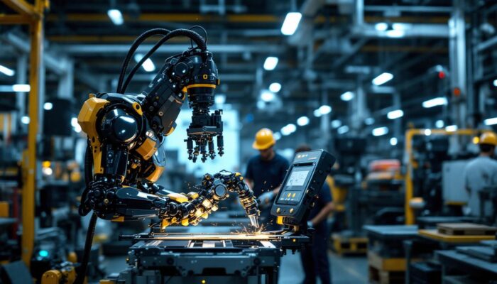 A photograph of a sleek industrial robot in action within a boston manufacturing facility