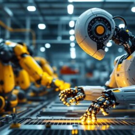 A photograph of a sleek industrial robot in action on a factory floor