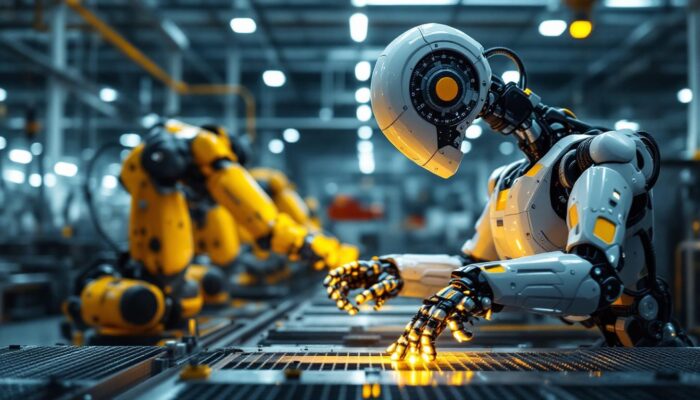 A photograph of a sleek industrial robot in action on a factory floor