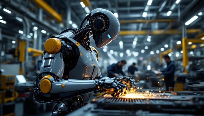 A photograph of a sleek industrial robot in action within a modern manufacturing facility