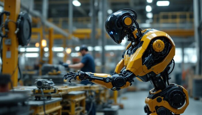 A photograph of a boston dynamics robot in action within an industrial setting