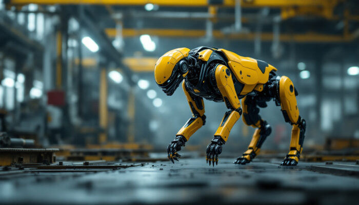 A photograph of capture a photograph of a boston dynamics robot dog navigating an industrial environment
