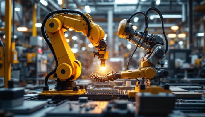 A photograph of a dynamic scene featuring an industrial robot in action