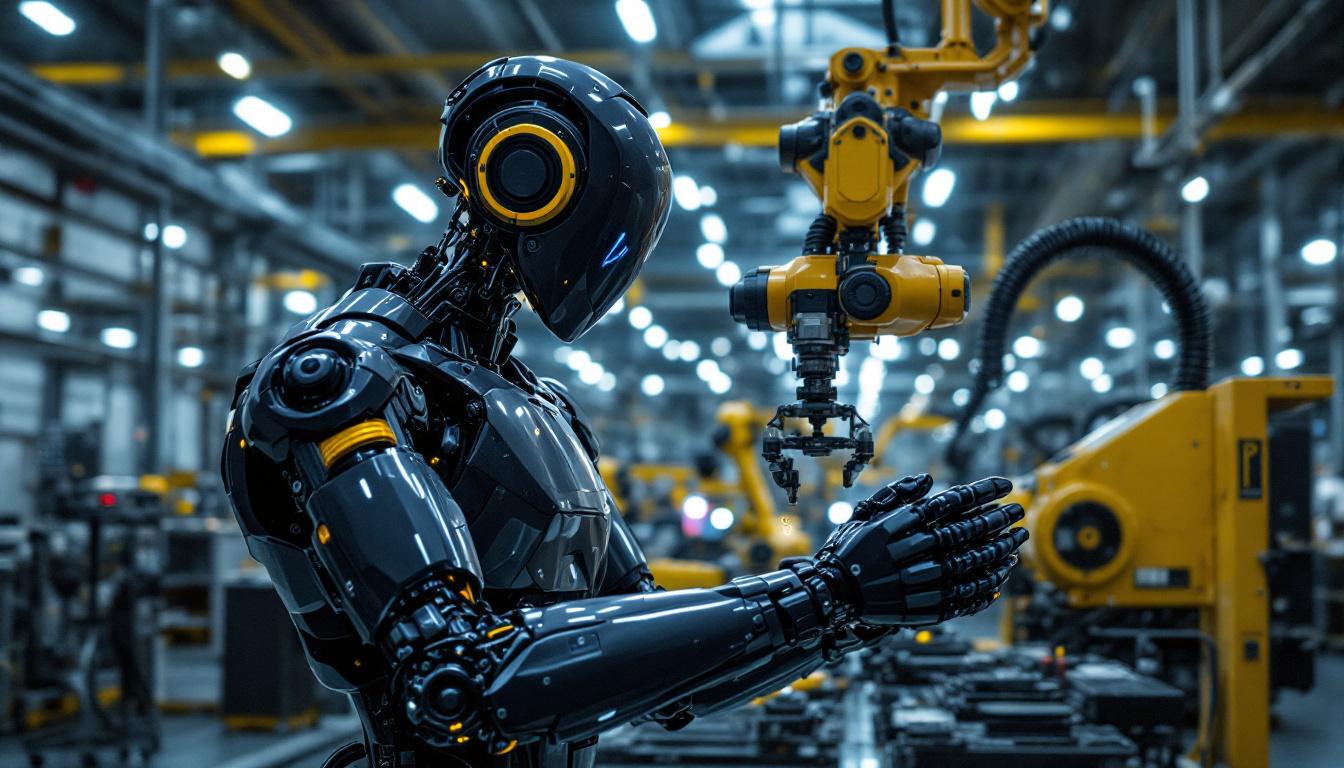 A photograph of a sleek general dynamics industrial robot in action within a modern manufacturing environment