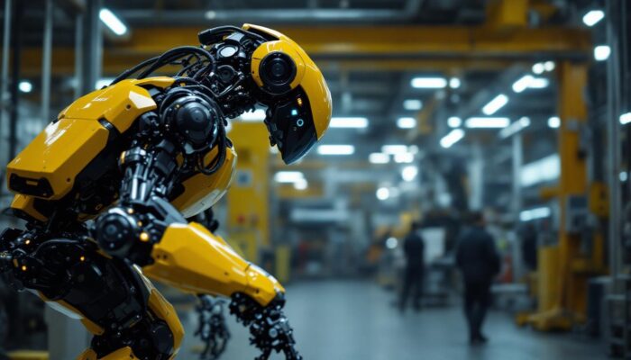 A photograph of a boston dynamics robot in action within an industrial setting
