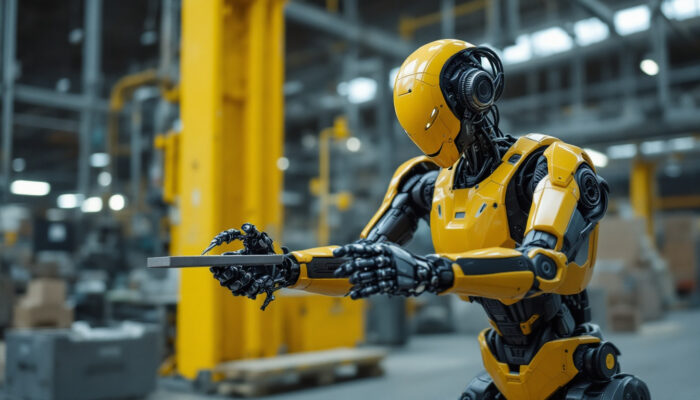 A photograph of capture a photograph of boston dynamics' humanoid robot in an industrial setting