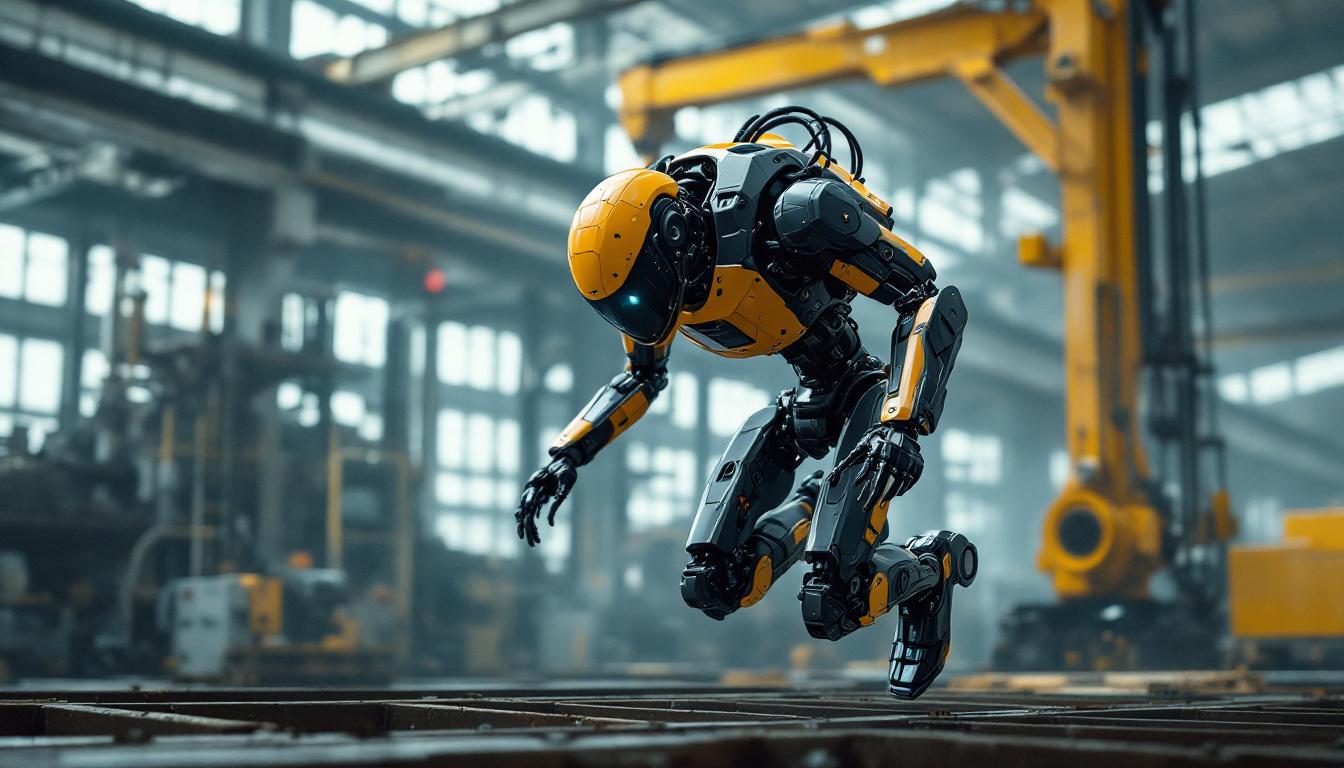 A photograph of capture a photograph of boston dynamics' atlas robot performing an impressive parkour move in an industrial setting