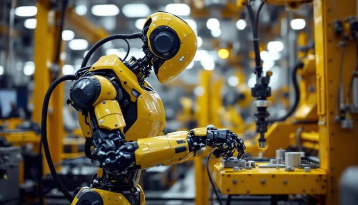 A photograph of a sleek industrial robot in action within a manufacturing environment