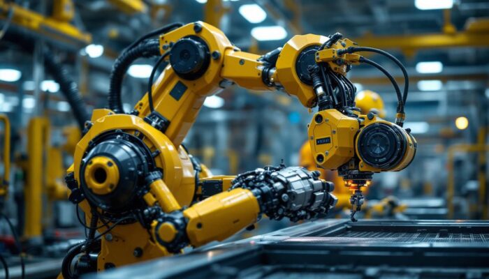 A photograph of a dynamic industrial robot in action