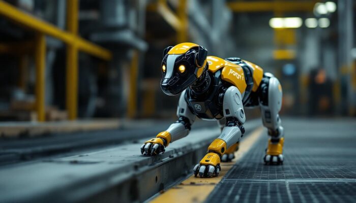 A photograph of a spot robotic dog navigating an industrial environment