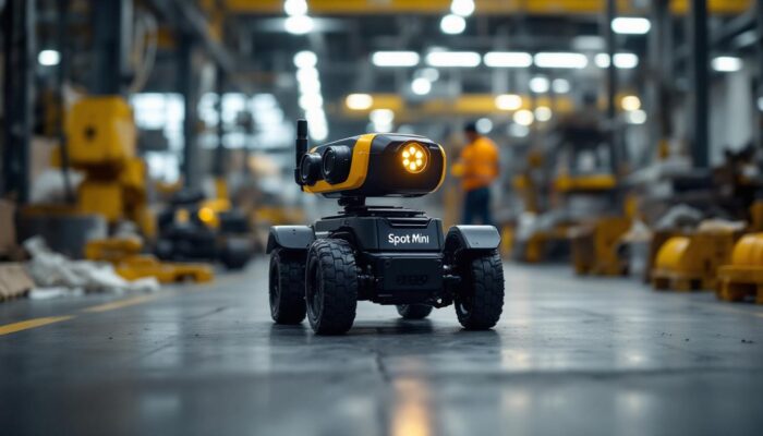 A photograph of capture a photograph of the spot mini robot in an industrial setting