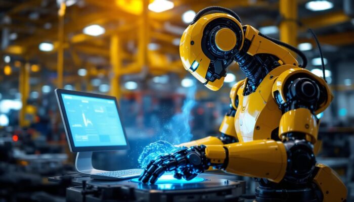 A photograph of a sleek industrial robot in action