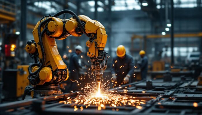 A photograph of a robotic welding machine in action