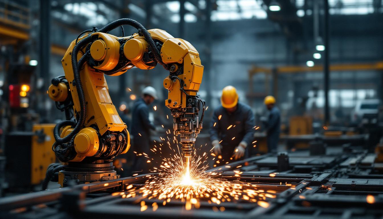 A photograph of a robotic welding machine in action