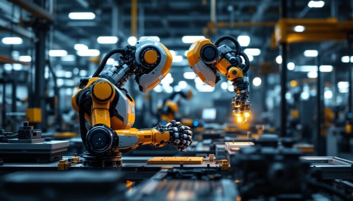 A photograph of a modern industrial robot in action on a factory floor