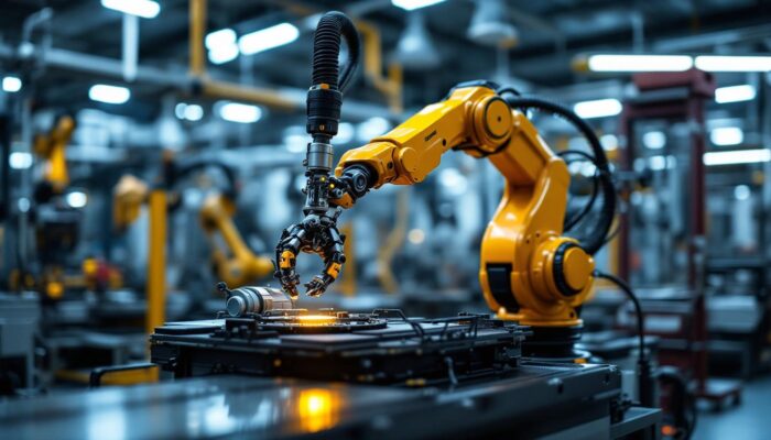 A photograph of a sleek industrial robotic arm in action