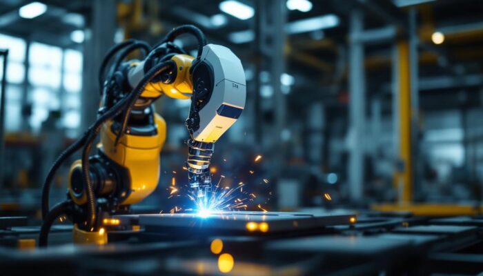 A photograph of a sleek industrial robot performing arc welding on a metal workpiece in a well-lit factory setting
