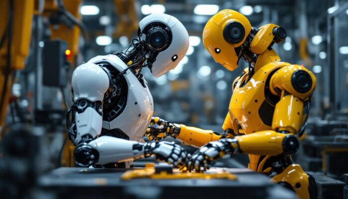 A photograph of a sleek industrial robot in action on a factory floor