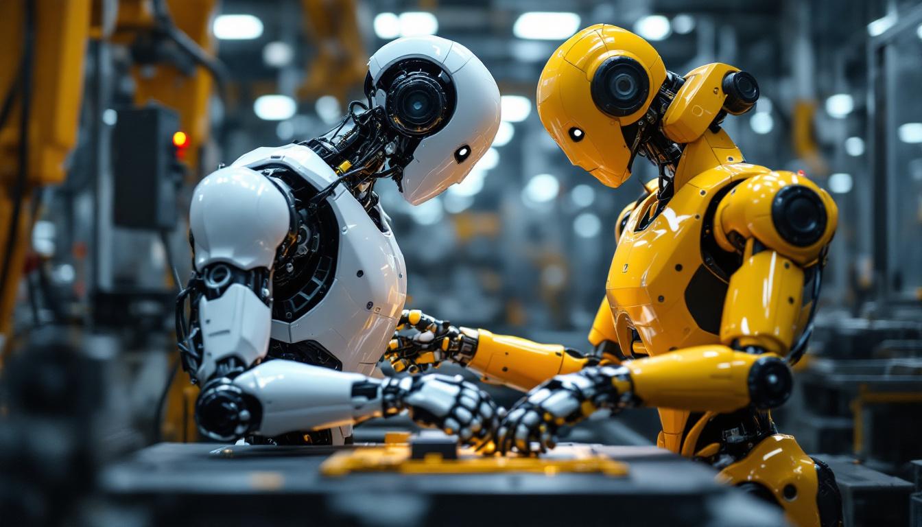 A photograph of a sleek industrial robot in action on a factory floor