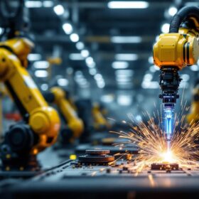 A photograph of a sleek industrial robot arm in action within a manufacturing setting