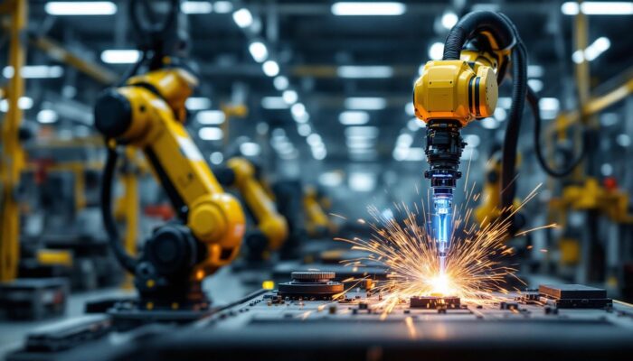 A photograph of a sleek industrial robot arm in action within a manufacturing setting
