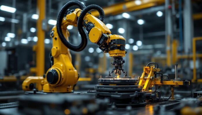A photograph of a kawasaki industrial robot in action