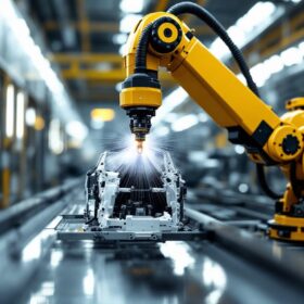 A photograph of a sleek industrial robotic arm in action