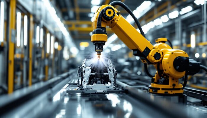 A photograph of a sleek industrial robotic arm in action