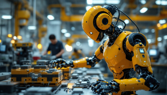 A photograph of a state-of-the-art industrial robot in action within a japanese manufacturing facility