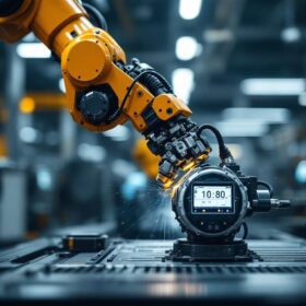 A photograph of a robotic arm efficiently tending to a machine in a modern industrial setting