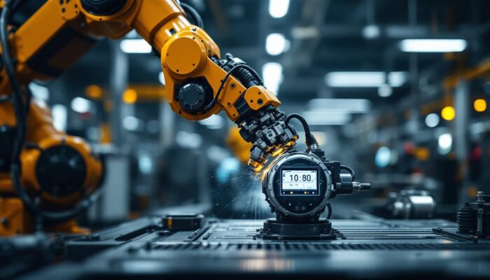 A photograph of a robotic arm efficiently tending to a machine in a modern industrial setting