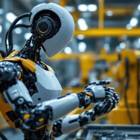 A photograph of a sleek industrial robot in action within a manufacturing environment